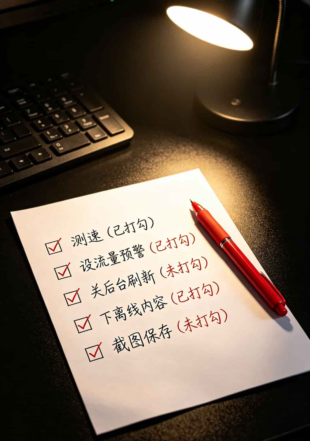办完后检查清单，5个勾选框：测速/预警/关刷新/下离线/截图