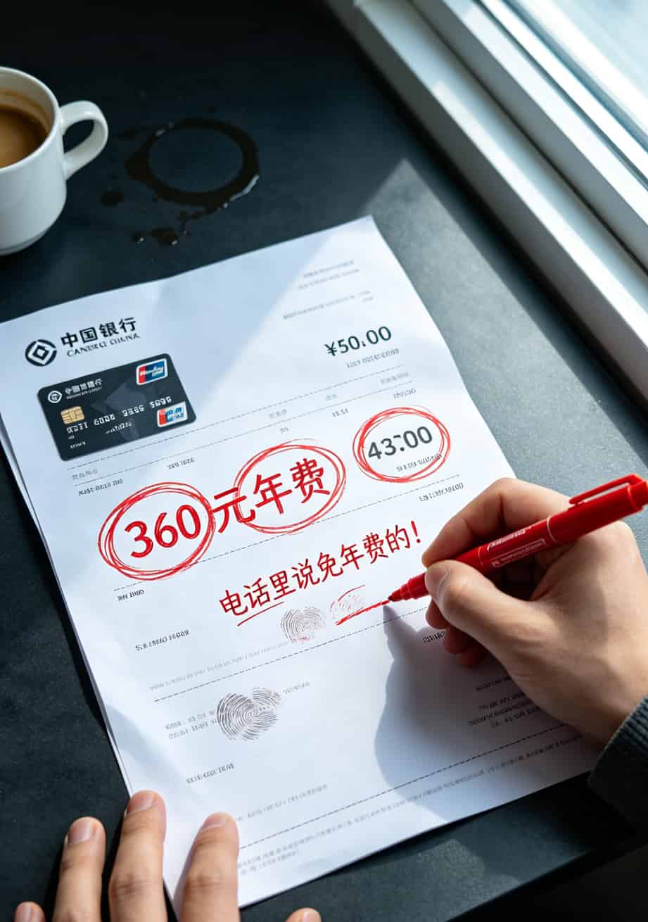 信用卡年费账单截图，显示扣费360元，用户用红圈标注