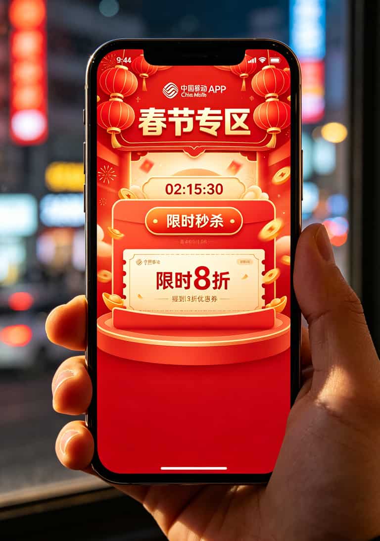 中国移动APP春节专区界面截图，标注“限时秒杀入口”