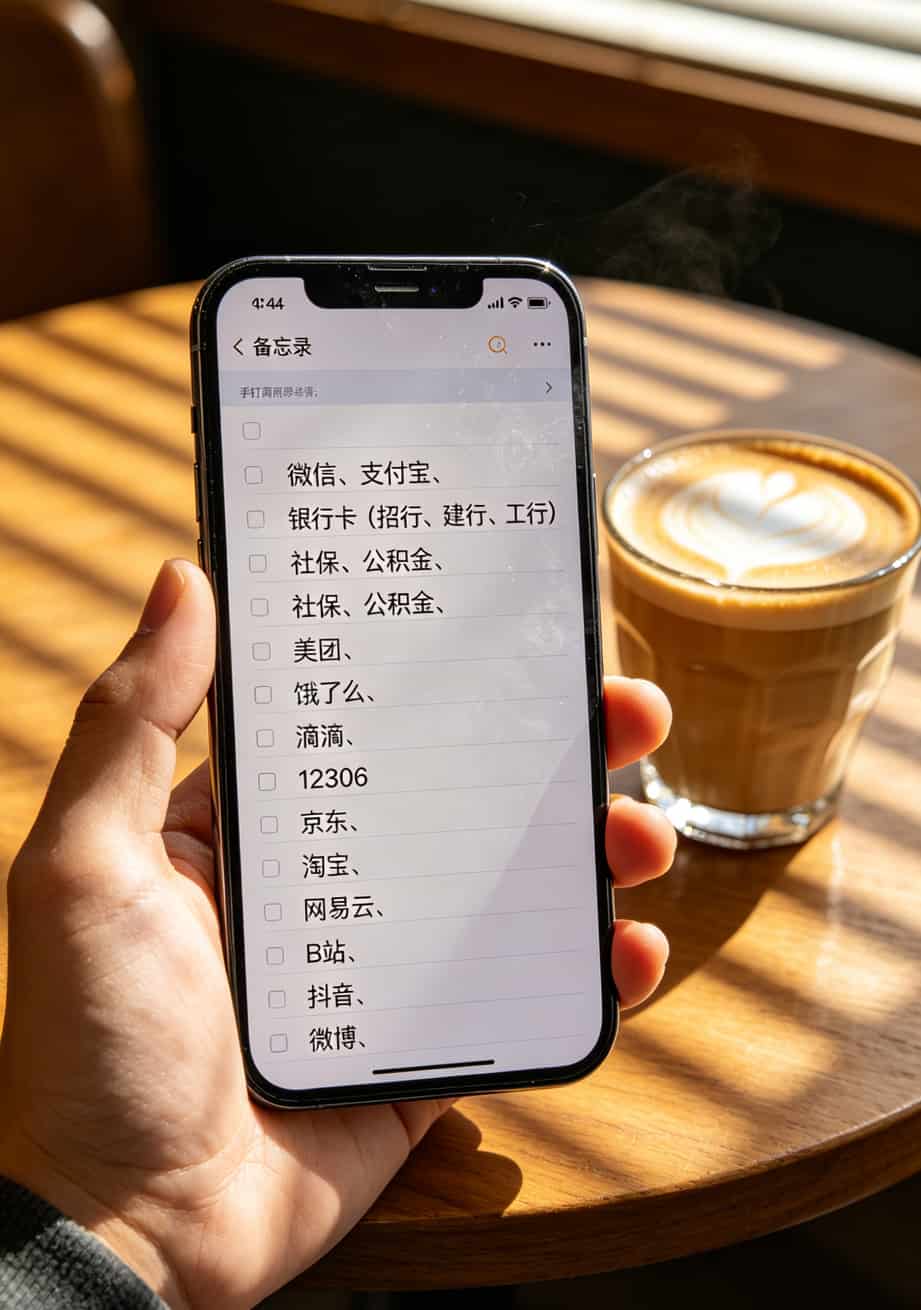 电信星驰卡值不值?我办废三张卡才整明白这些门道 手机备忘录截图,列出需要改绑的APP清单,密密麻麻两屏幕