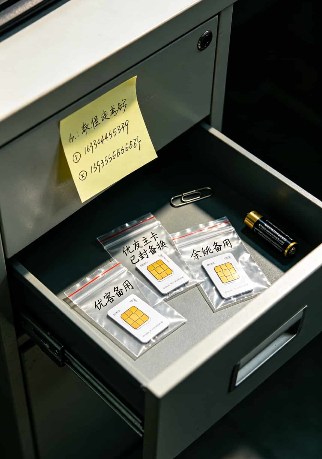 备用卡存放抽屉实拍，旁边贴着代理商联系方式
