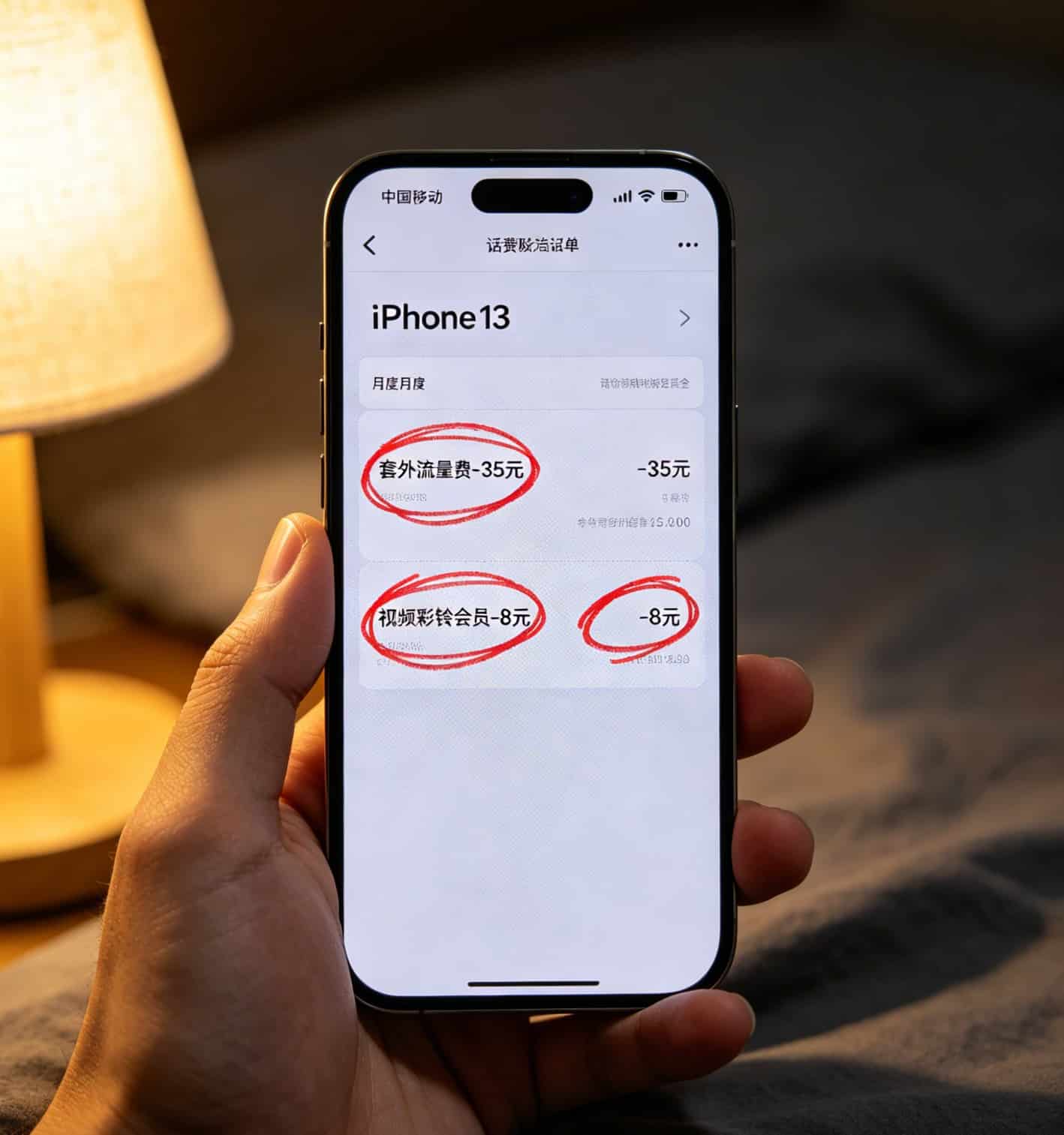 手机话费账单截图，红圈标出套外流量费用和增值业务扣费