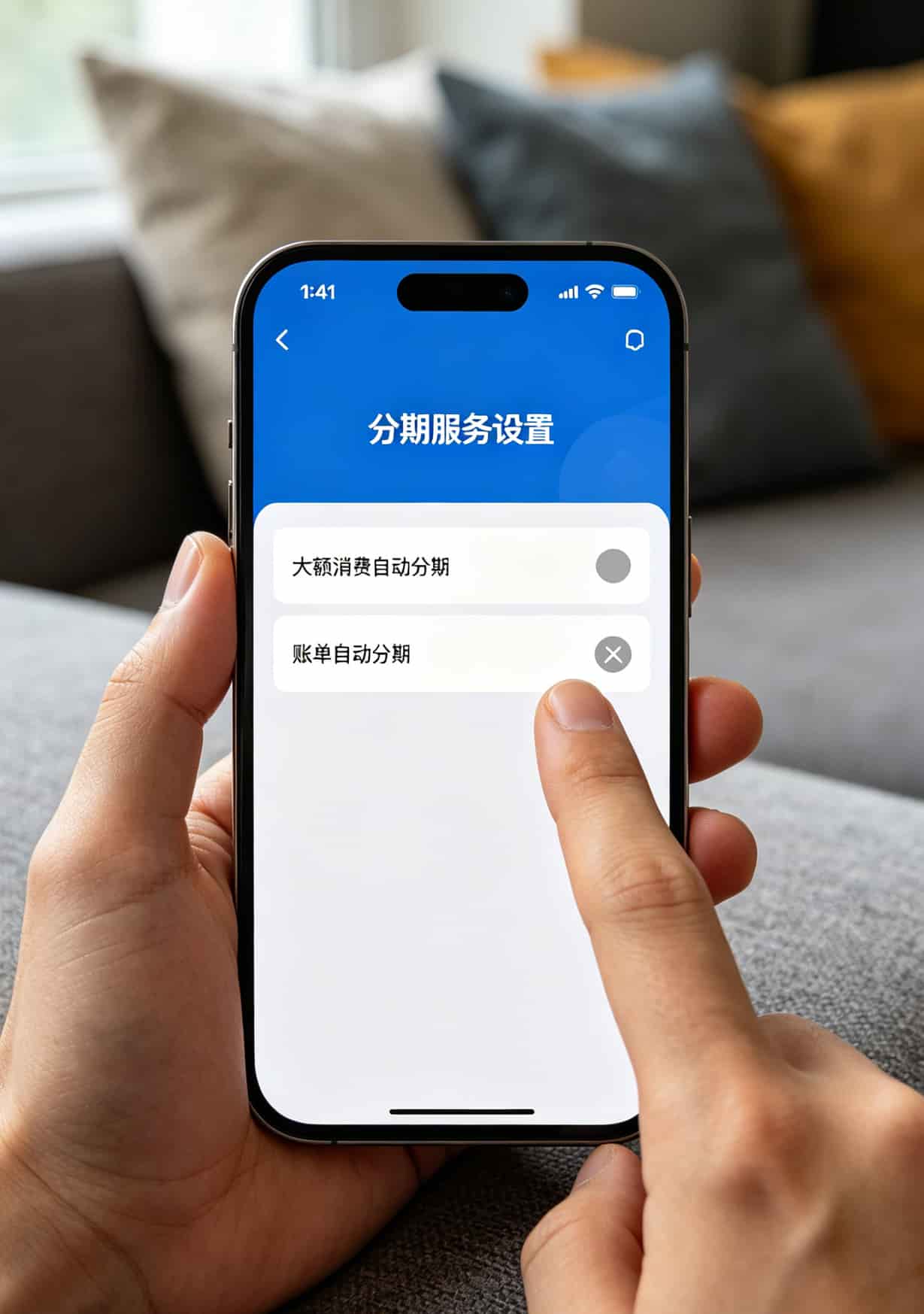 搜“电信下载”想省钱?信用卡交话费一年反撸480,电销老油条说实话 手机银行APP自动分期设置页面截图,箭头指向“关闭”按钮