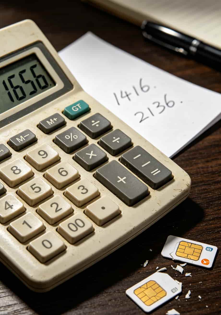 计算器上显示1656、1416、2136三组数字，旁边放着两张废卡