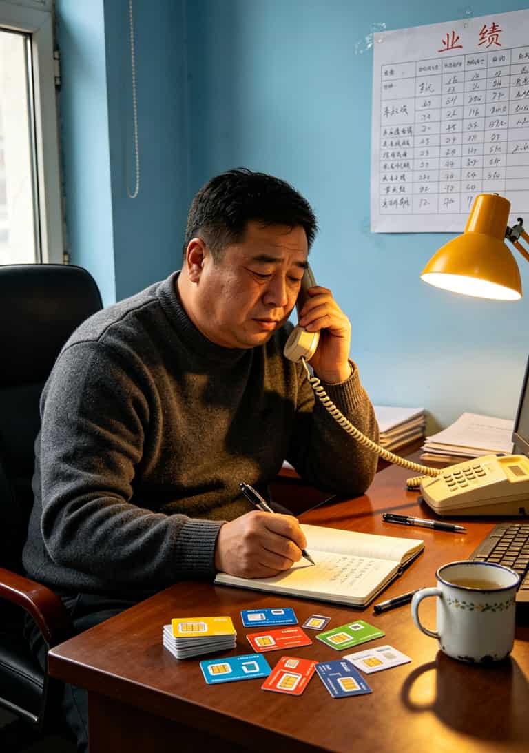 鹤岗老王坐在办公室打电话的侧影，桌上堆着各种电销卡
