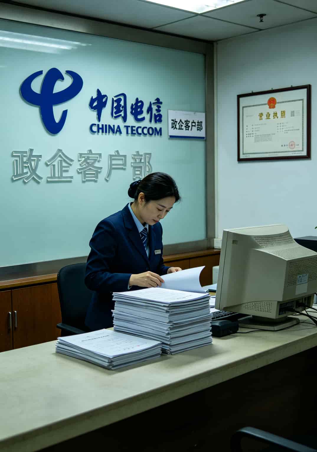 保定电信大厦三楼政企客户部前台，墙上挂着的营业执照