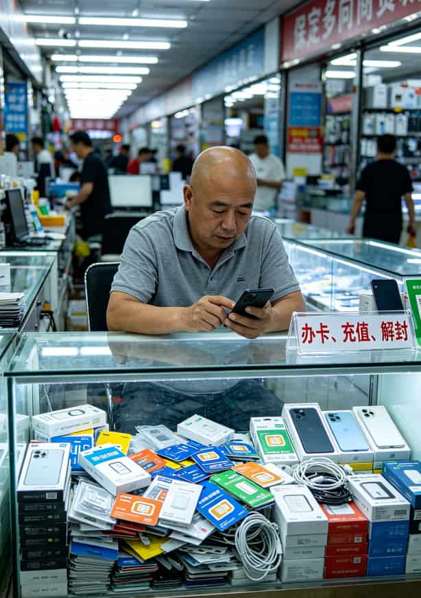 保定十方商贸城通信柜台，玻璃柜里摆满各种手机卡