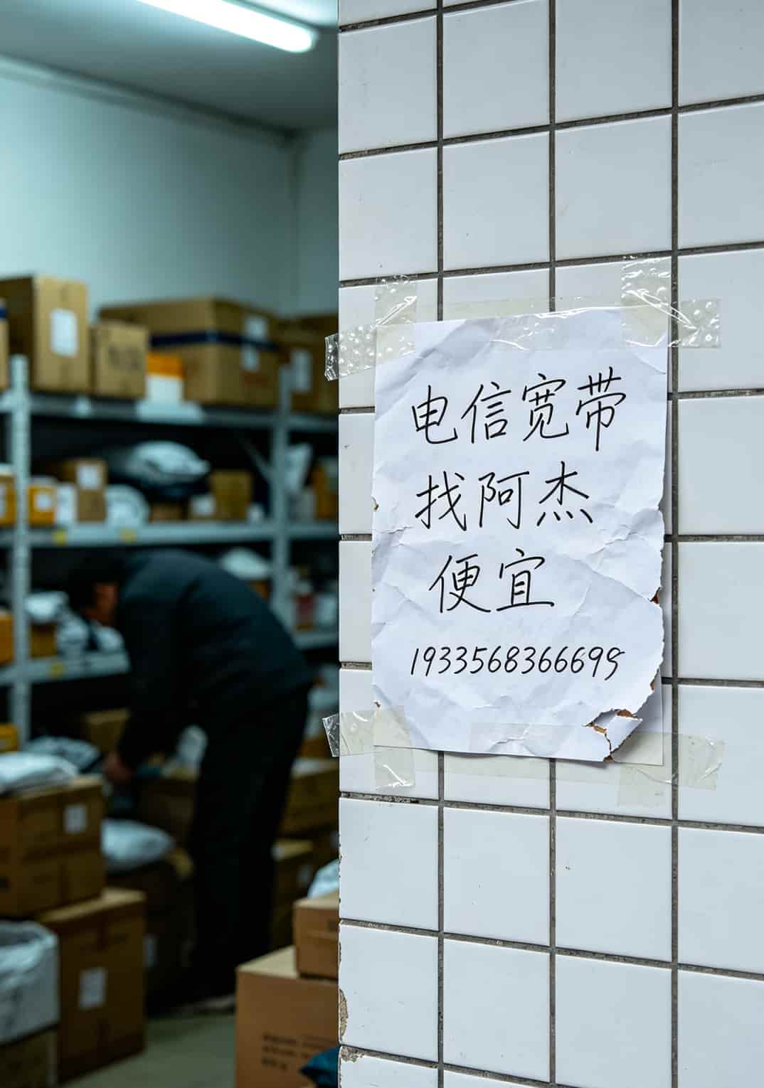 手写“电信宽带 找阿杰 便宜”的A4纸贴在菜鸟驿站墙上