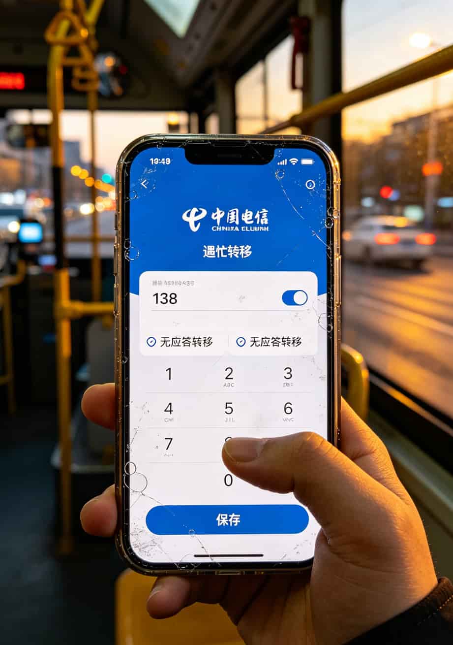 电信营业厅APP设置呼叫转移的界面截图风格照片，标注遇忙转移和无应答转移选项