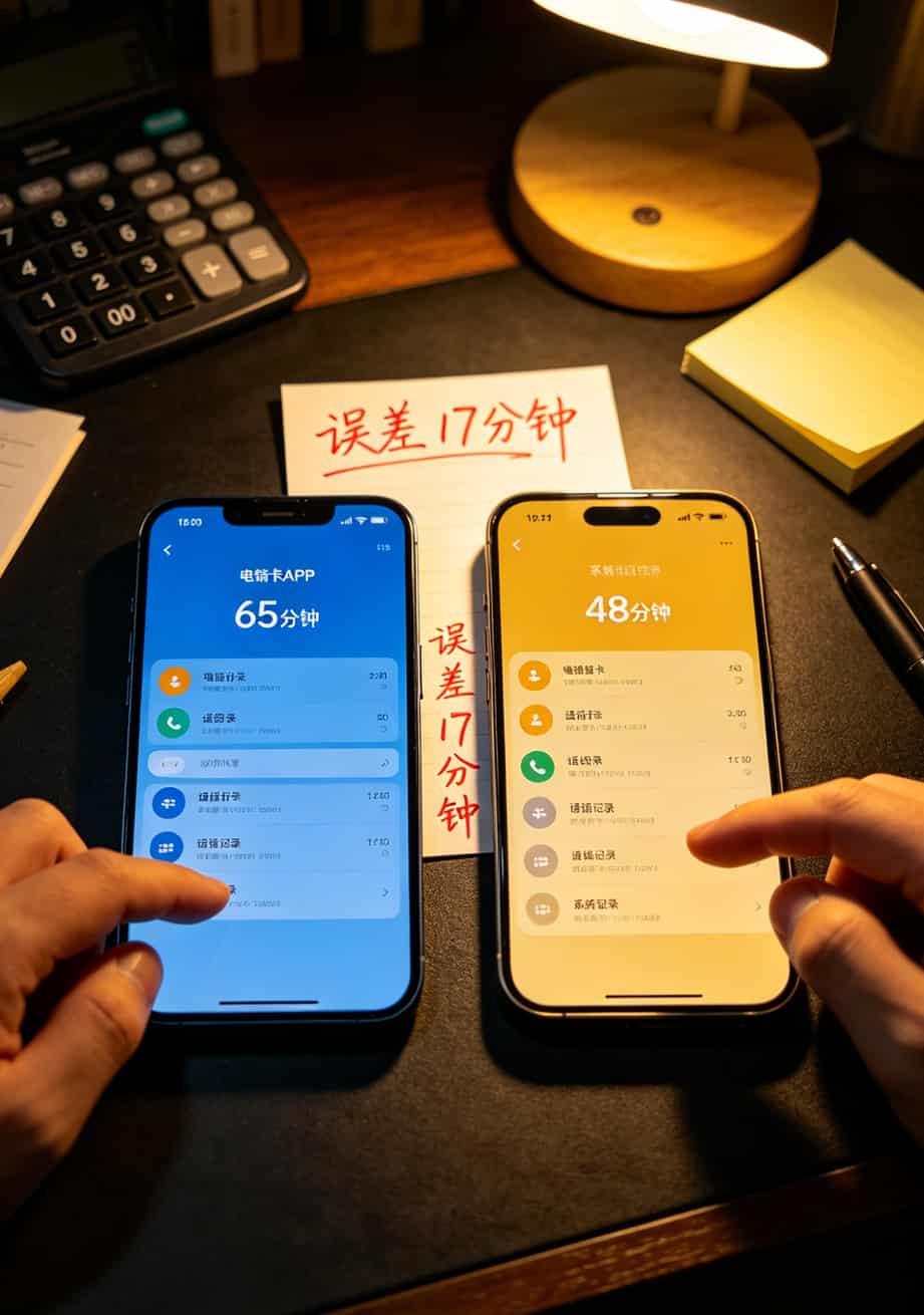 8年电销老炮:电信选号码网上选号前,先看这篇,至少帮你省下3000块冤枉钱 通话记录截图,显示系统计时和实际计时对比,标注出17分钟误差