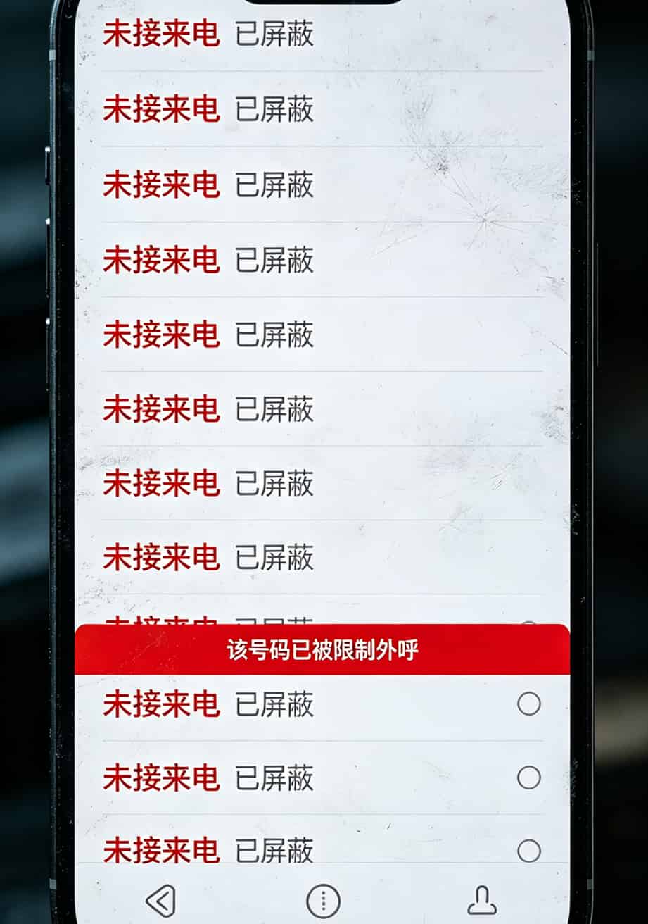 手机通话记录显示大量未接来电和红色封号提示