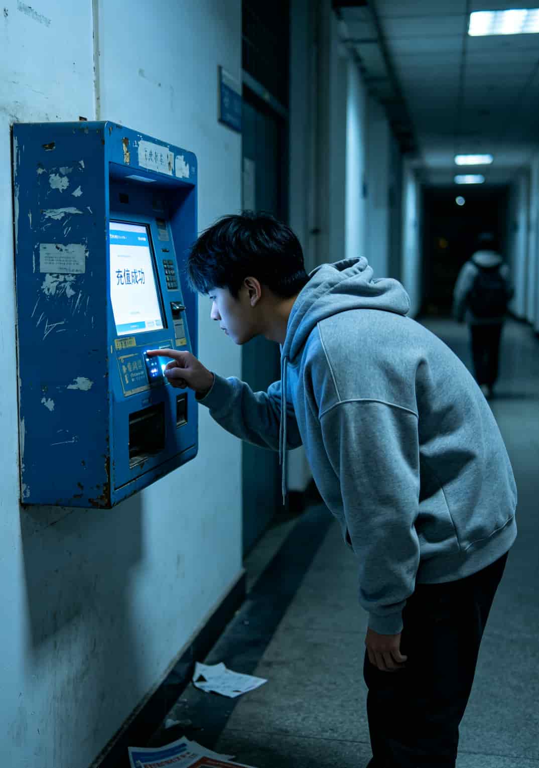 学生正在校园卡圈存机前操作，屏幕上显示充值界面