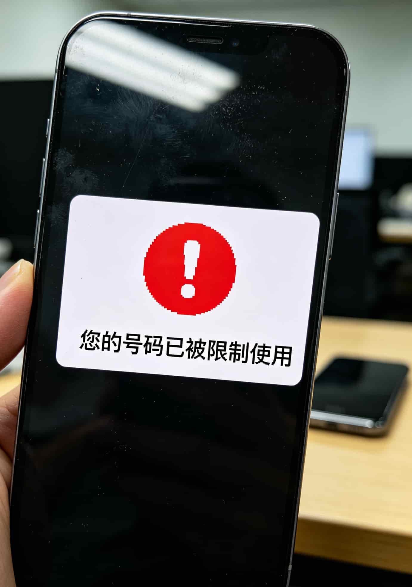 电销卡被封提示截图示例，显示“您的号码已被限制使用”