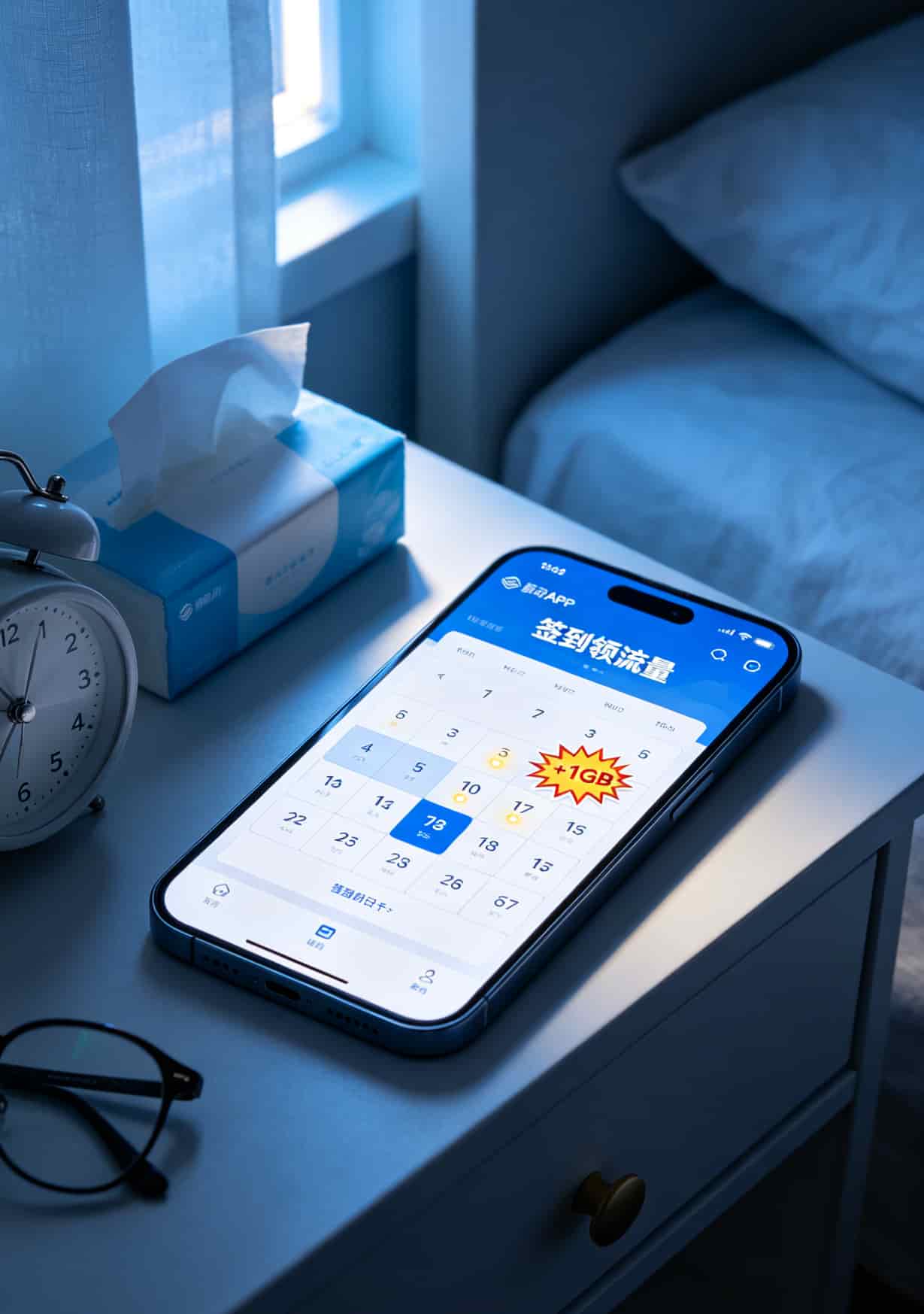 移动APP签到领流量界面，标注“连续签到7天送1GB”