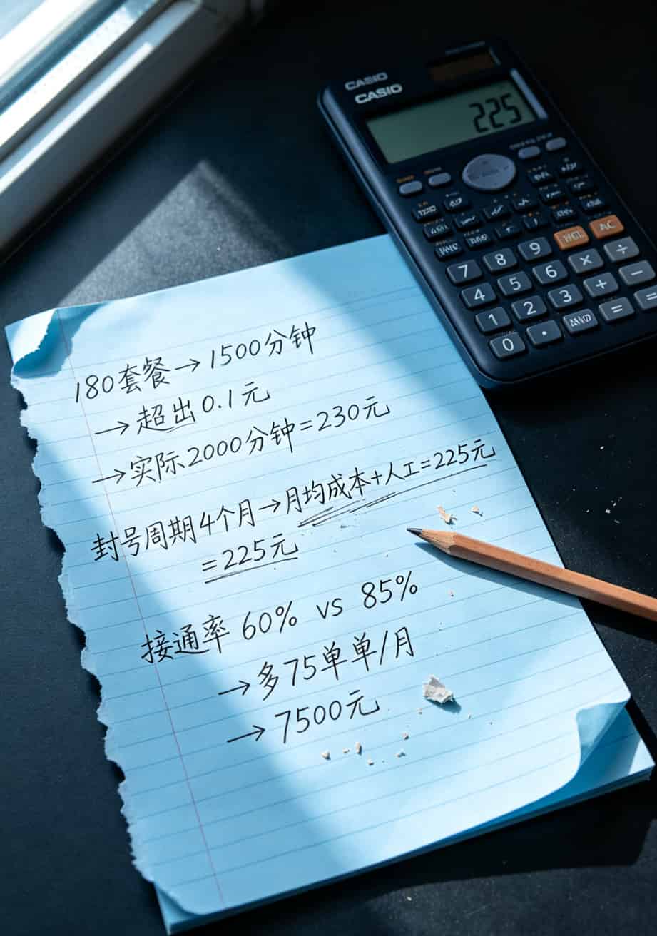 计算器旁边的草稿纸上写满了成本计算公式