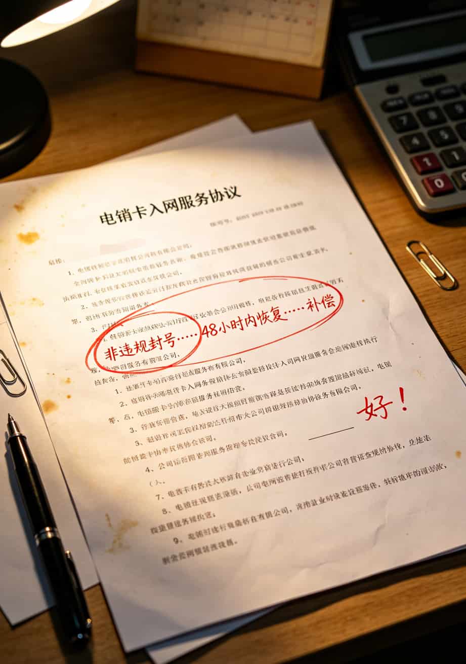 电销卡水太深?半年踩坑换来的经验(跟挑电信机顶盒遥控器一个道理) 一份电销卡合同上,用红笔圈出了“封号处理条款”
