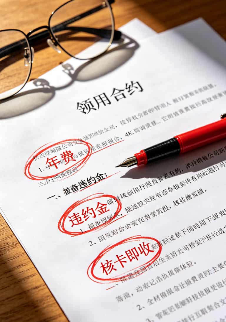 信用卡领用合约被红笔圈出费用条款的特写