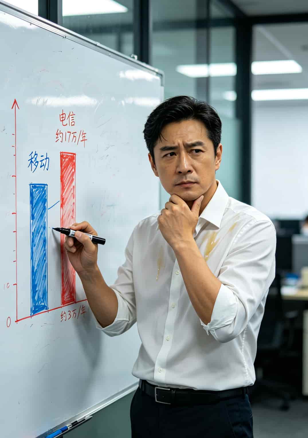 移动卡和电信卡年度成本对比柱状图风格照片，移动17万，电信3万