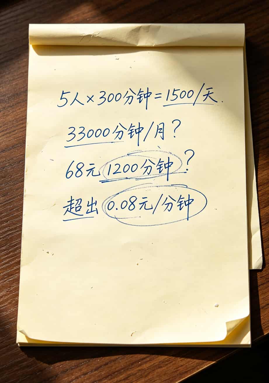 电销卡水太深?半年踩坑换来的经验(跟挑电信机顶盒遥控器一个道理) 一张草稿纸上手写着通话时长和费用的计算过程