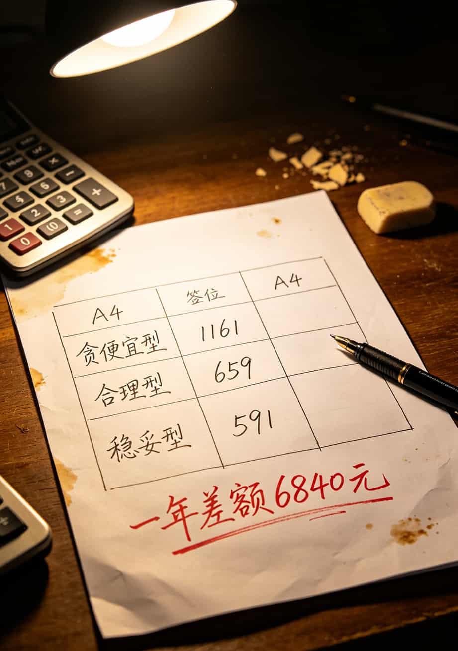 8年电销老炮:电信选号码网上选号前,先看这篇,至少帮你省下3000块冤枉钱 三栏对比表格,左侧贪便宜型1161元,中间合理型659元,右侧稳妥型591元,一年差额6840元用红色标出