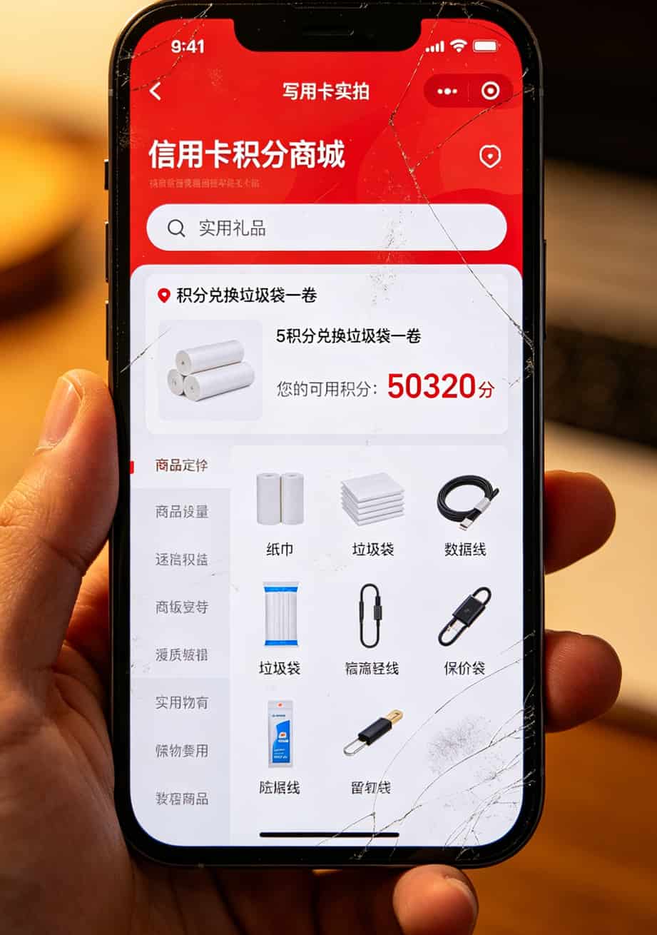 搜“电信下载”想省钱?信用卡交话费一年反撸480,电销老油条说实话 信用卡积分商城截图,显示5万分只能换一卷垃圾袋