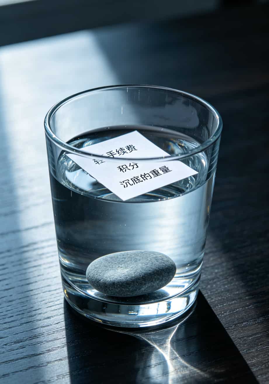 一杯水上面漂浮着“手续费”“积分”“额度”几个词，水下面是大石头