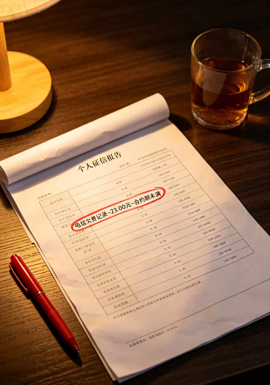 电信星驰卡值不值?我办废三张卡才整明白这些门道 一张征信报告的局部截图,红圈标出一条“电信欠费记录”,金额显示23元