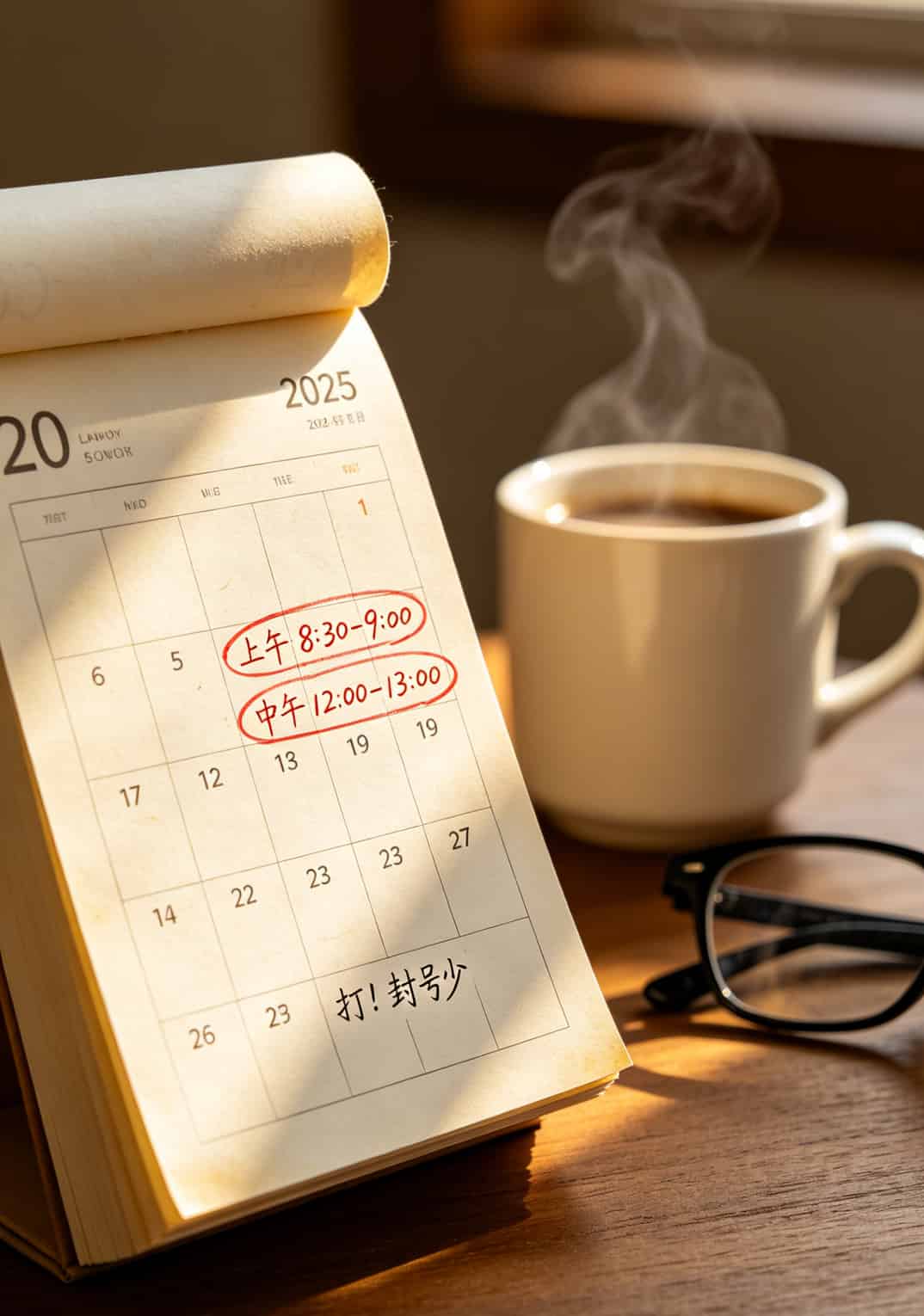 一张日历上用红笔圈出了错峰拨号的时间段：上午9点前、中午12-1点