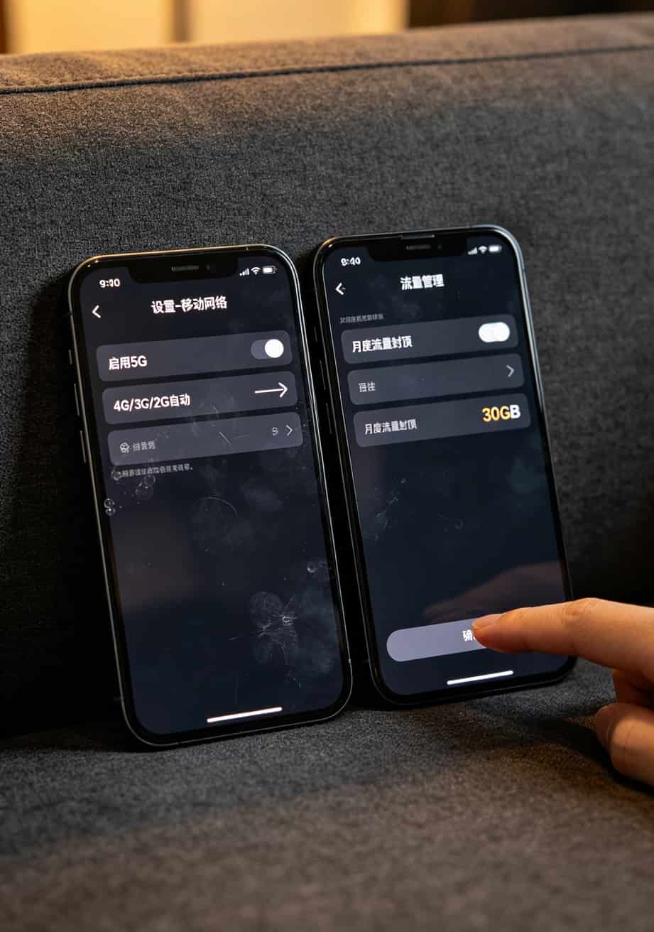 手机设置流量封顶和关闭5G开关的操作界面