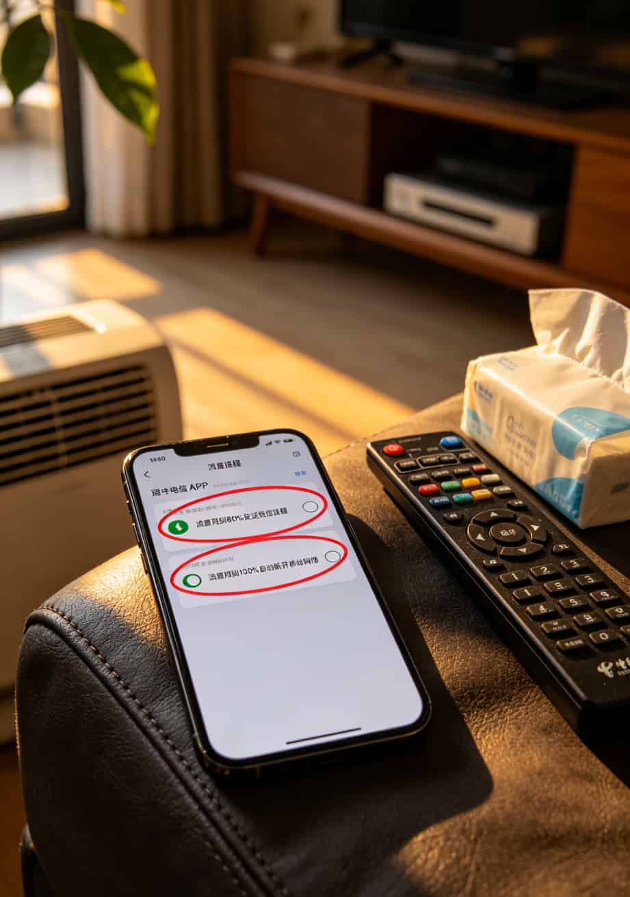 电信星驰卡值不值?我办废三张卡才整明白这些门道 电信APP流量设置页面截图,红圈标出“80%提醒”和“100%断网”两个开关