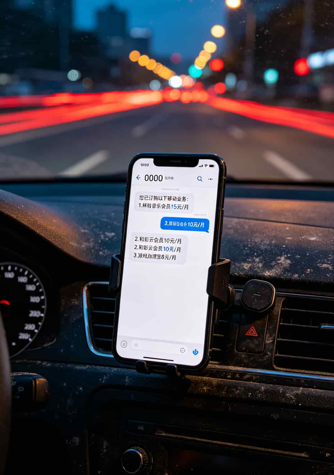 发送0000到10086的短信截图，回复显示增值业务列表