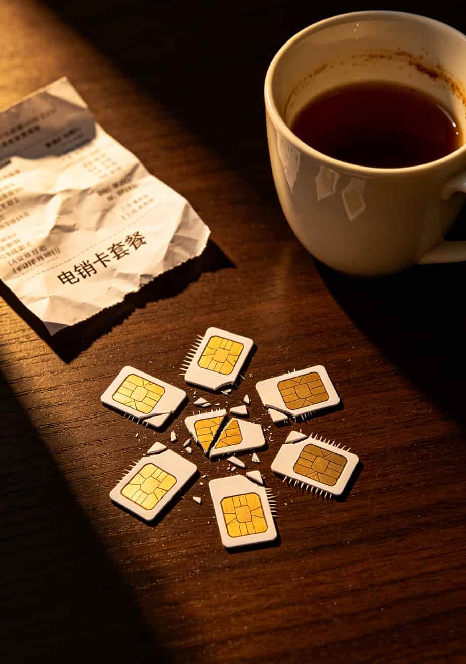 一堆被剪断的电话卡散落在桌面上，看着就心疼