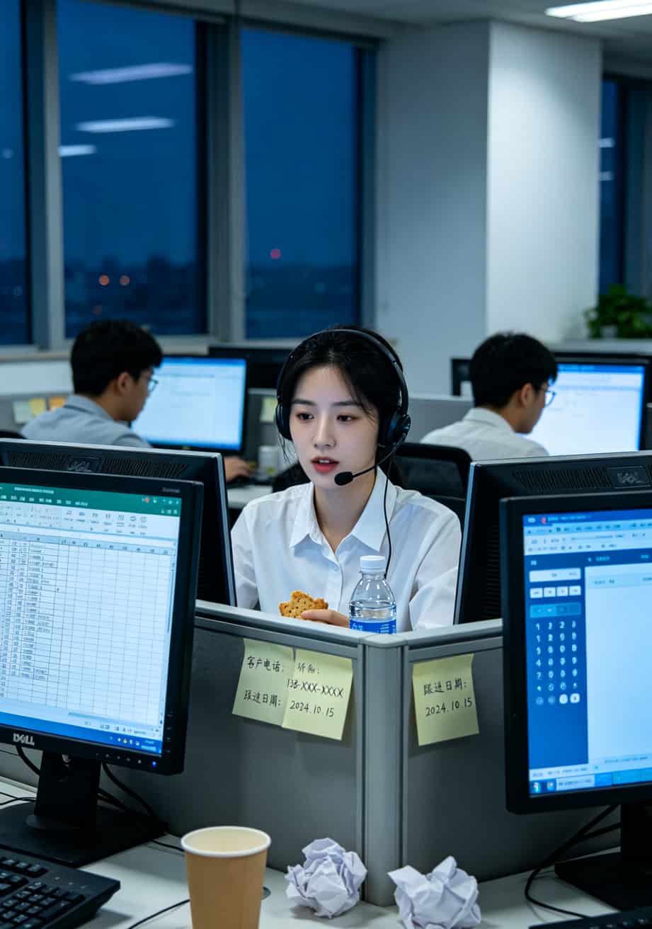 电销人员对着电脑打电话的工作场景