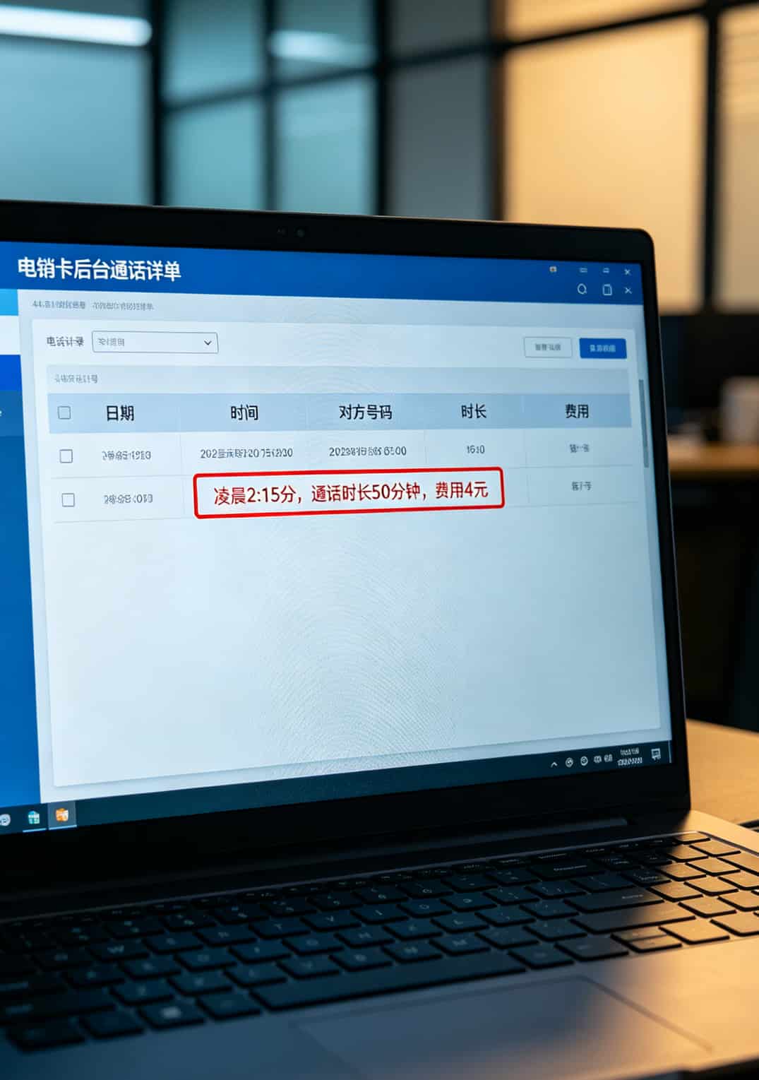 电销卡后台通话详单截图，红框标出异常扣费记录