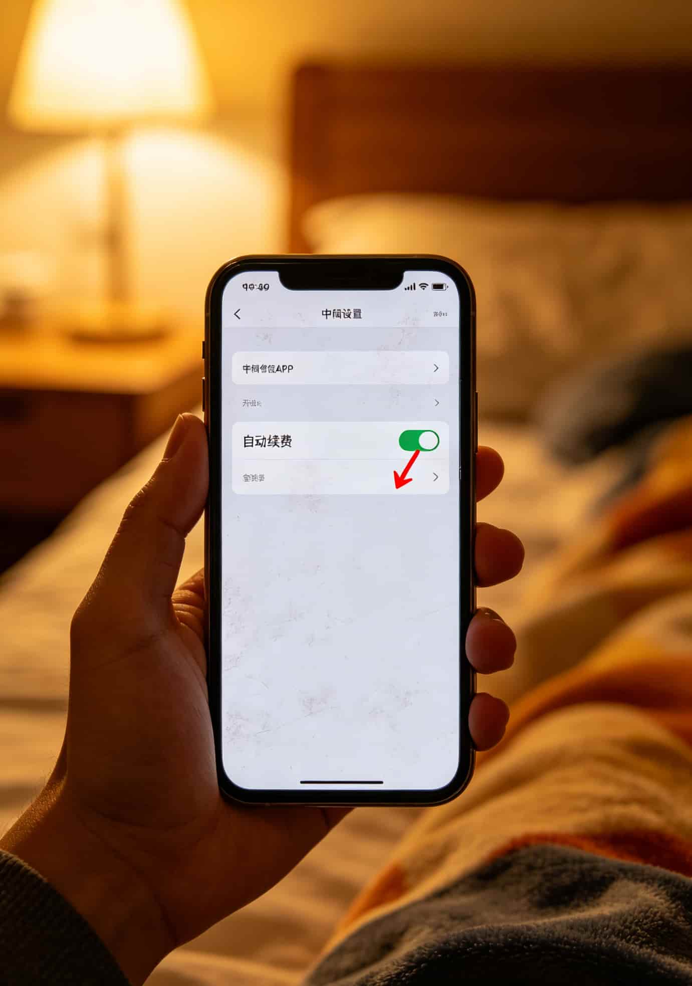 电信APP设置页面截图，红圈标出“自动续费”开关位置