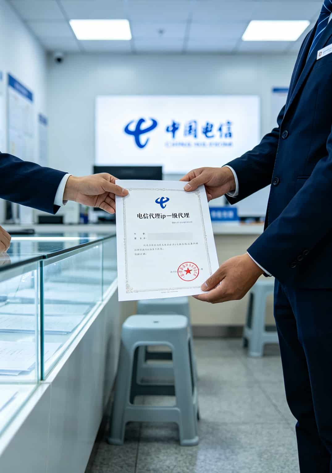 线下营业厅内工作人员展示电信代理ip授权书