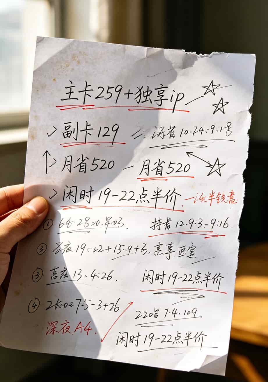 手写的省钱计算表格，标注主副卡和闲时时段