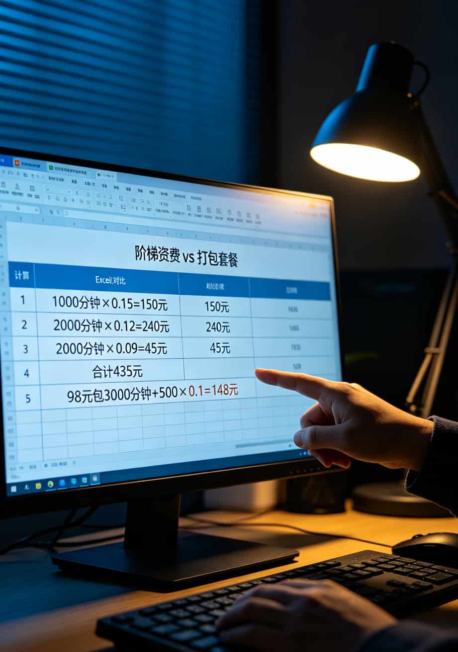 Excel表格对比阶梯资费和打包套餐的计算过程
