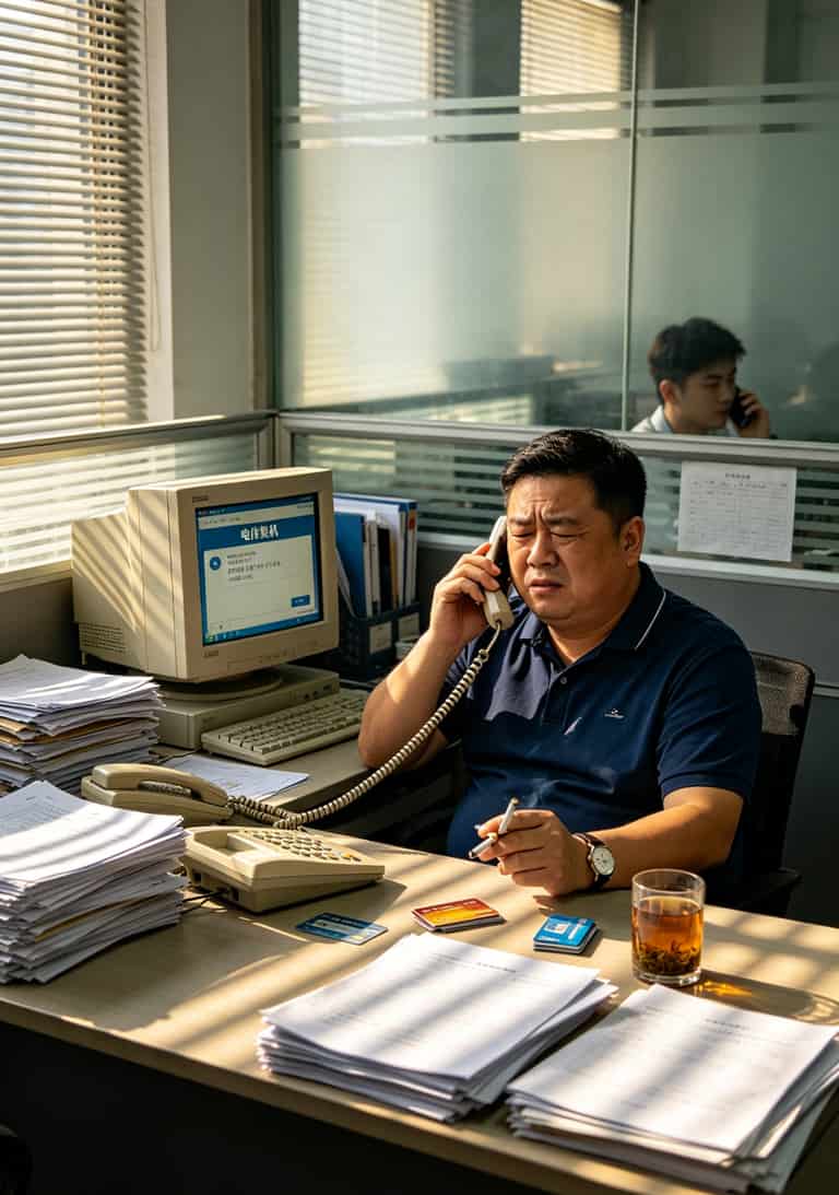 被“电信复机”折磨七八年,老李把压箱底的防封号狠招全抖出来了 老李在杭州电销公司办公室打电话的场景