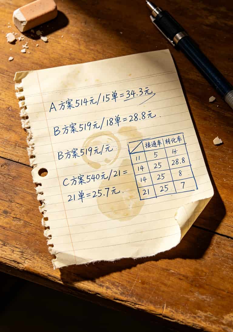 手写计算草稿纸照片，上面画着三种方案的成本对比表