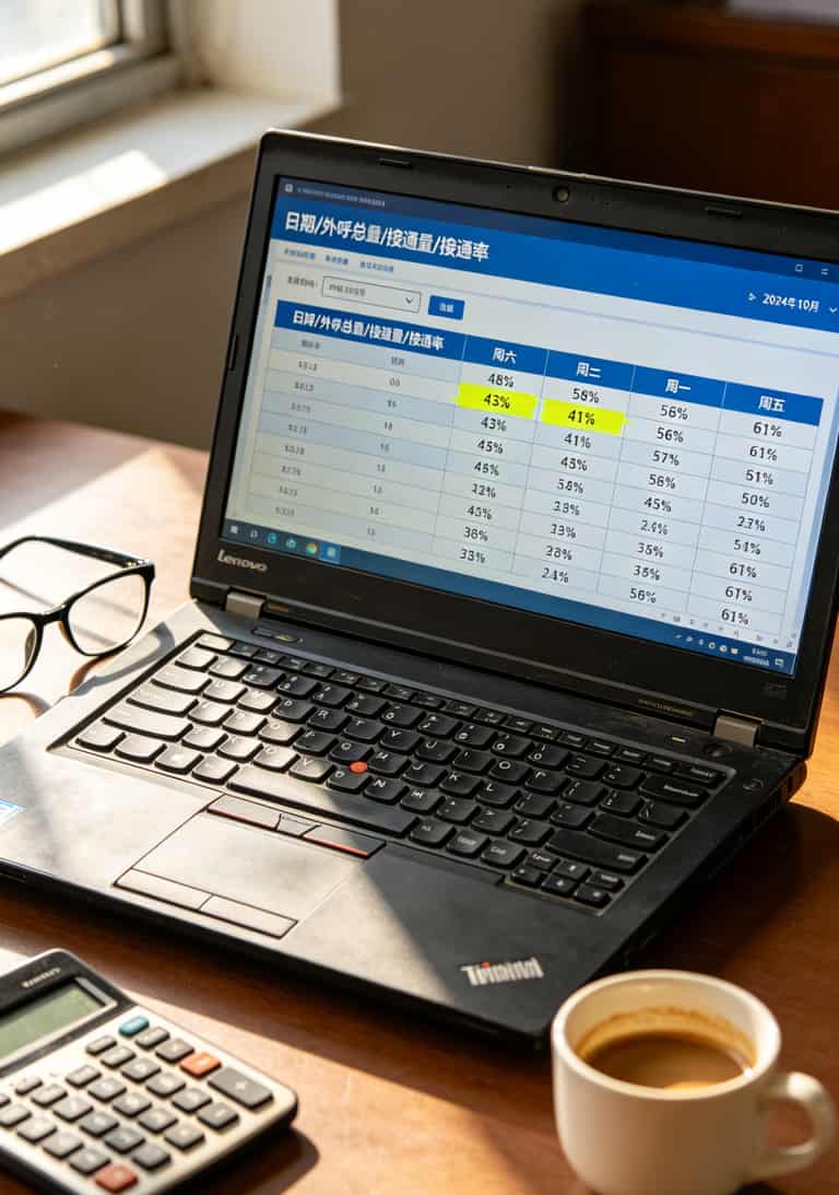 电销后台数据表格截图，显示工作日和周末接通率对比