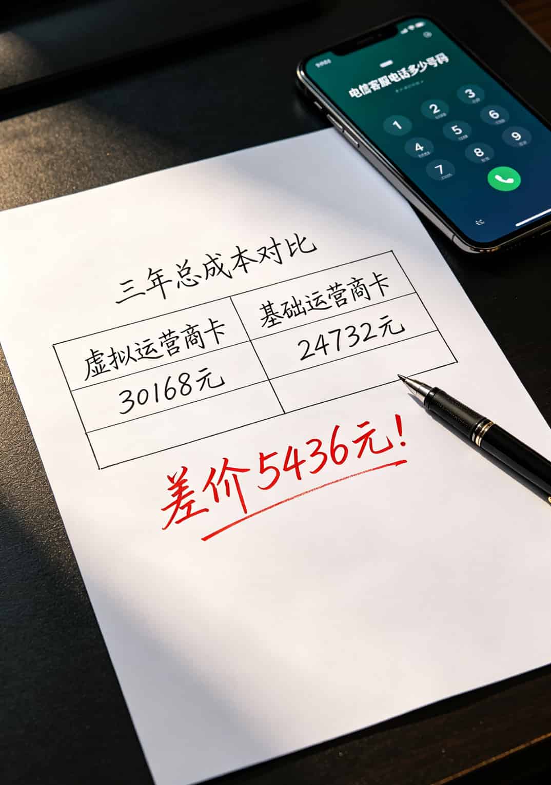 三年总成本对比表格，虚拟运营商vs基础运营商