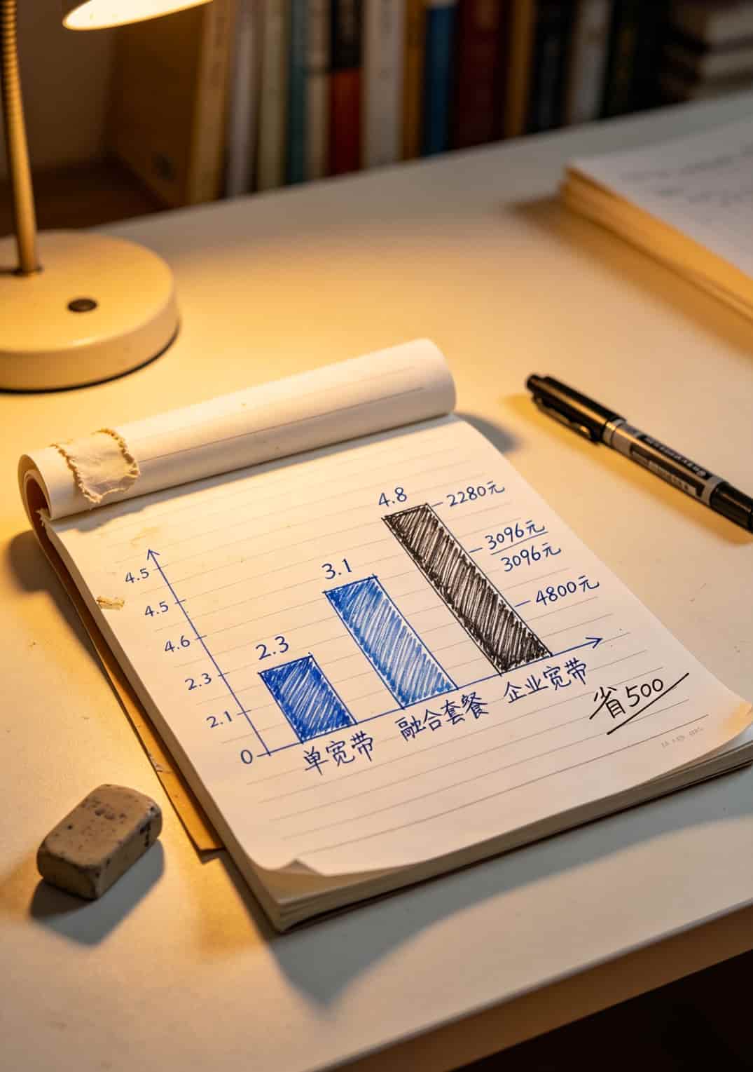 两年宽带总费用对比柱状图，标注单宽带/融合套餐/企业宽带