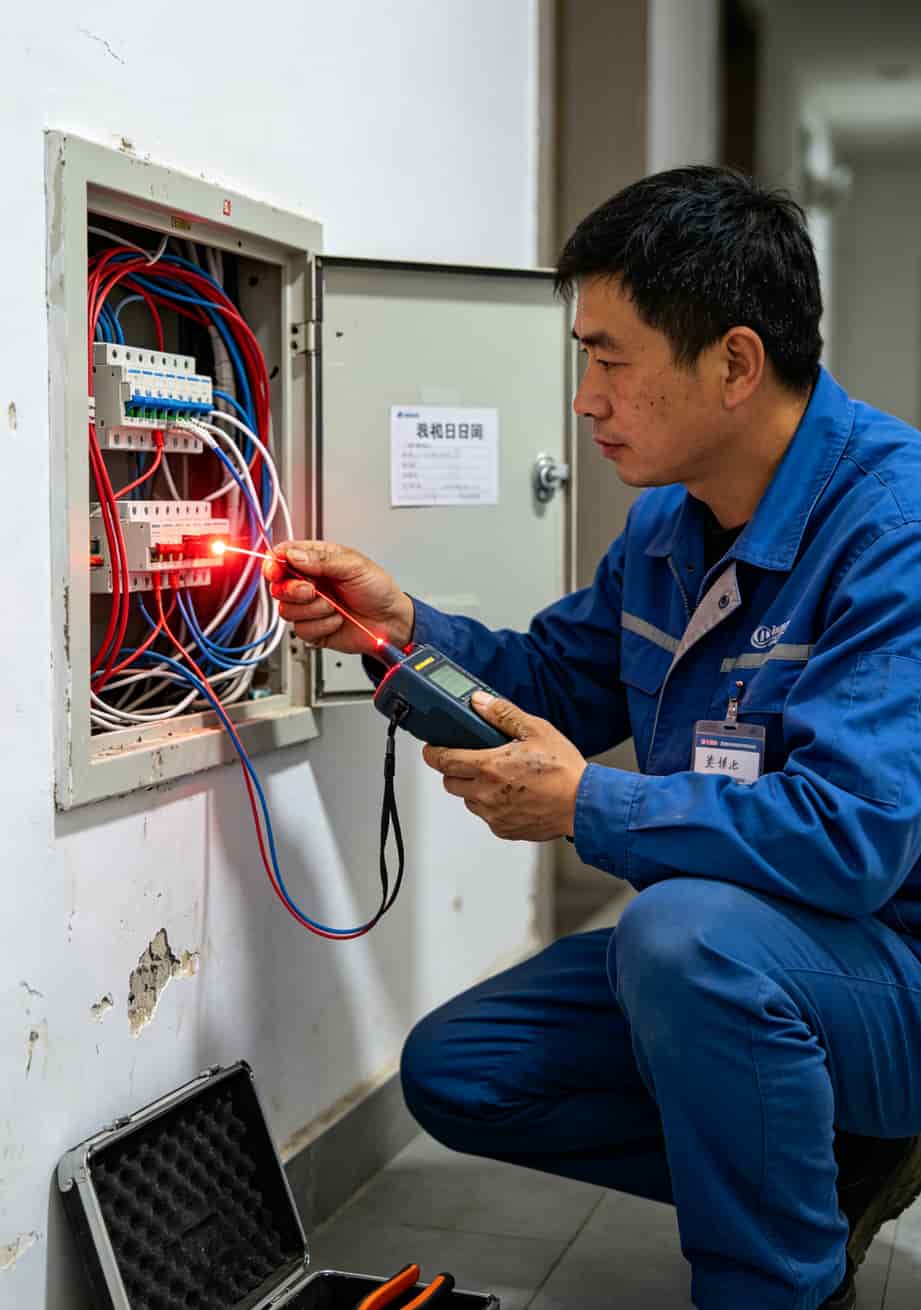 装维师傅正在检测光纤线路，标注光猫和路由器连接口