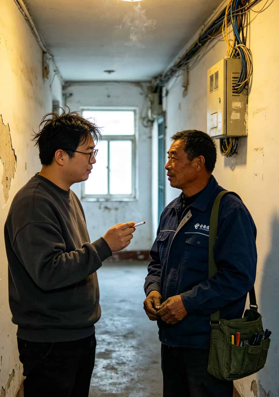 作者老李在小区楼道里和电信装维师傅聊天递烟的场景