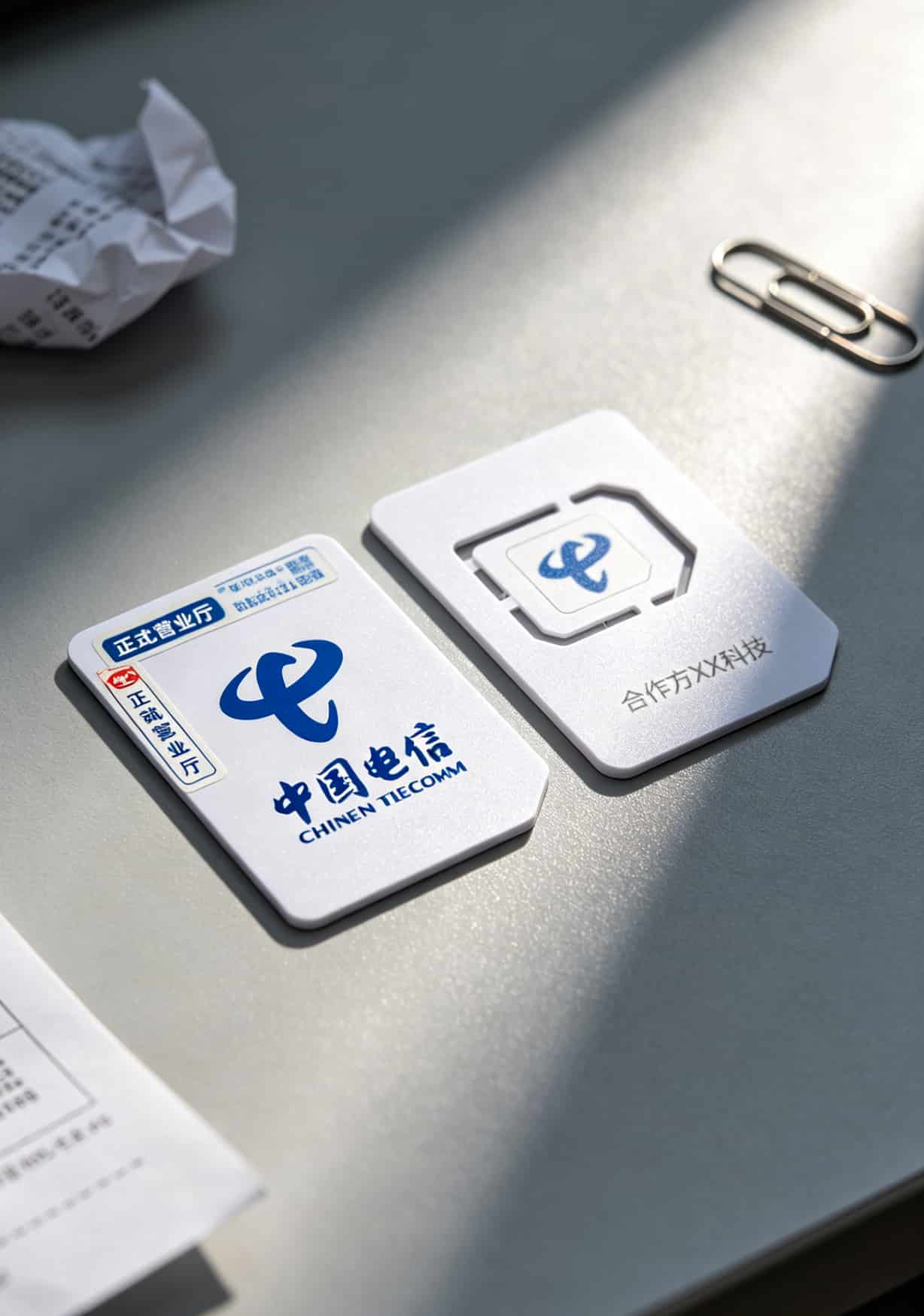电信logo卡板实物对比图，左边正规营业厅卡板，右边虚拟运营商卡板