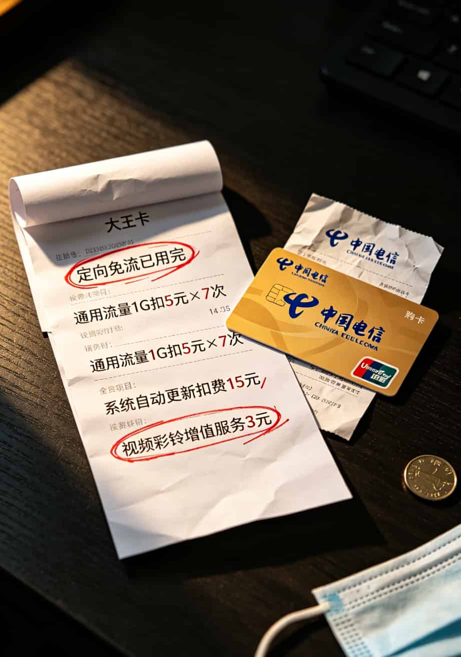 大王卡账单明细截图示例，标注免流范围和扣费项目
