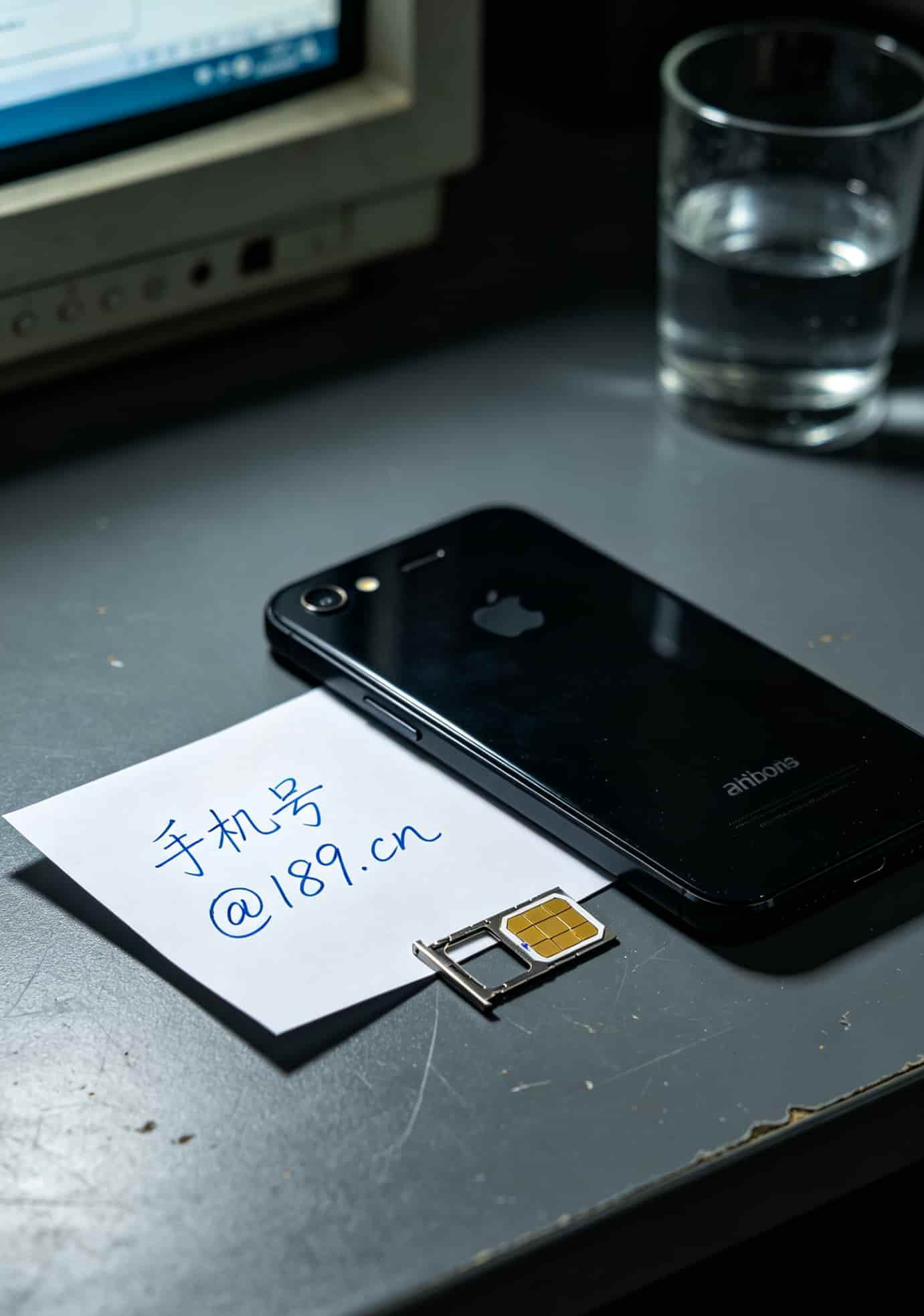 电销卡手机插入卡槽特写，旁边放着一张写有邮箱格式的便签纸