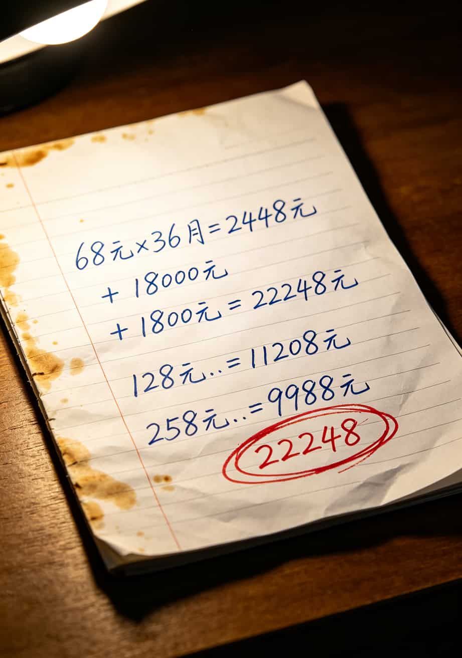 手写计算草稿纸，红笔圈出三个套餐的三年总成本数字
