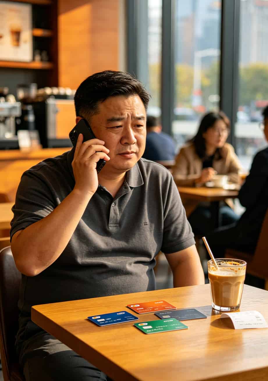 老周坐在郑州国贸的咖啡厅里看手机，旁边放着几张信用卡